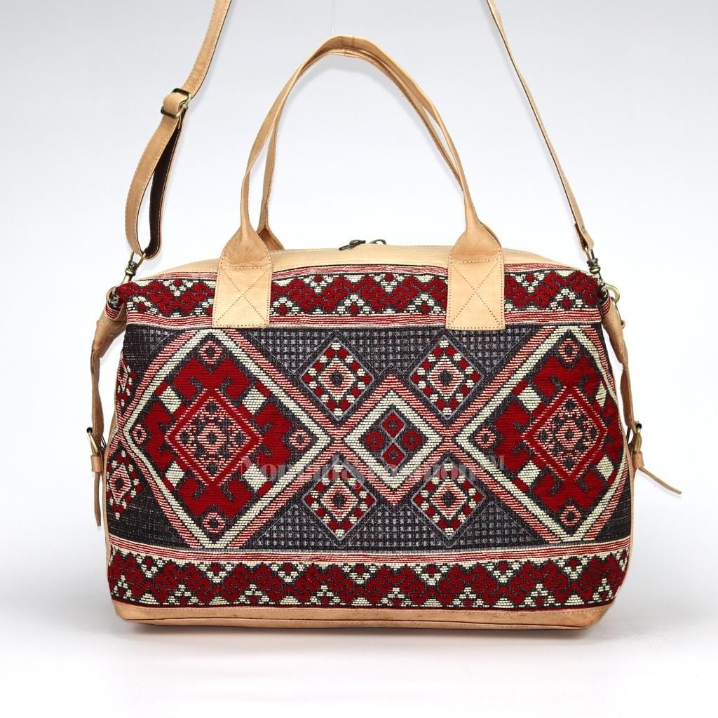 travel bag Leather with Red kilim Shoulder Duffle Bag weekender Natural - Brooklyn Leather goods