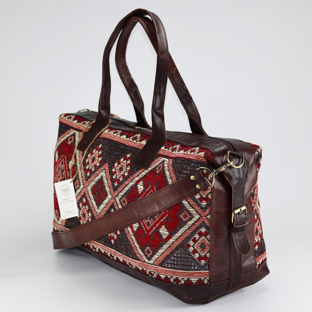 Travel Duffle Bag Carry On Tote Weekender Overnight Bag with Leather Shoulder Strap and unique Kilim design - Brooklyn Leather goods
