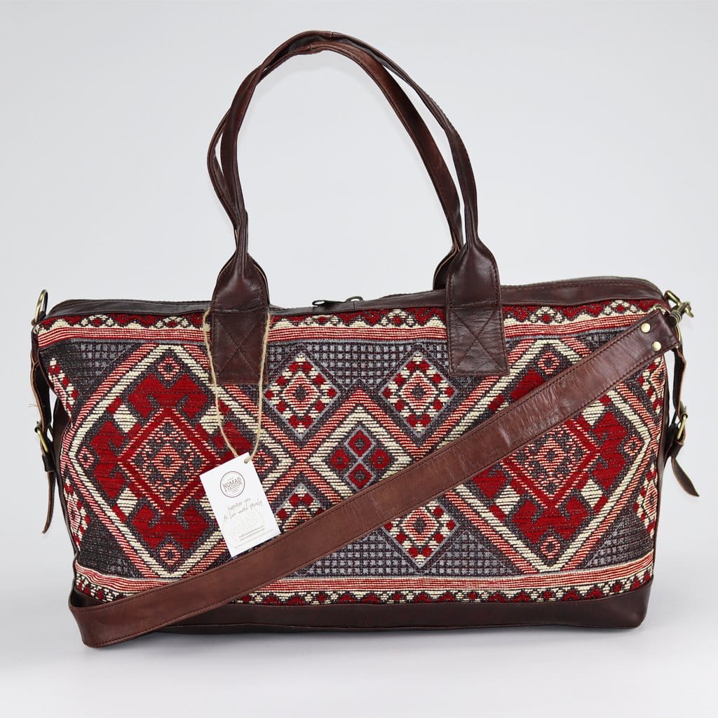 Travel Duffle Bag Carry On Tote Weekender Overnight Bag with Leather Shoulder Strap and unique Kilim design - Brooklyn Leather goods