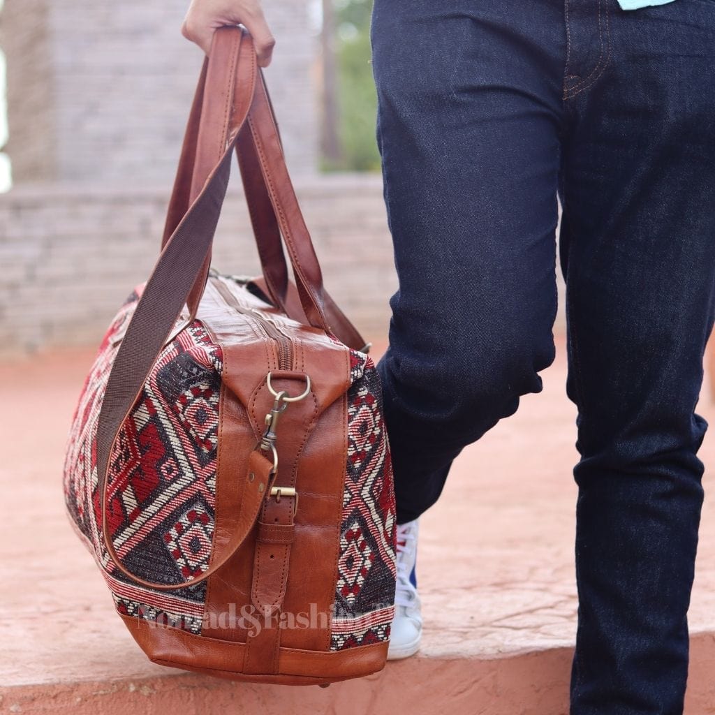 Travel Duffle Bag Carry On Tote Weekender Overnight Bag with Leather Shoulder Strap and unique Kilim design - Brooklyn Leather goods