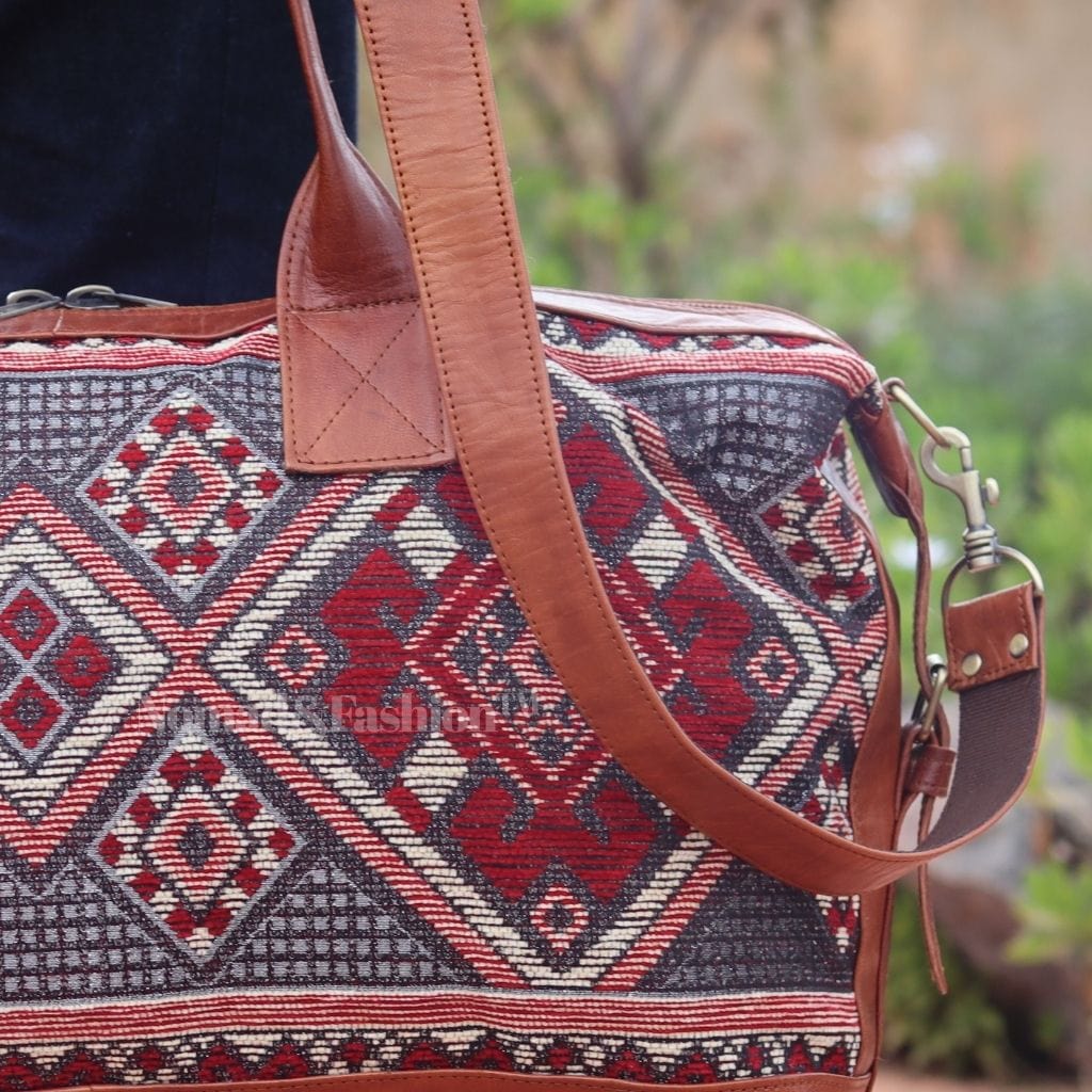 Travel Duffle Bag Carry On Tote Weekender Overnight Bag with Leather Shoulder Strap and unique Kilim design - Brooklyn Leather goods