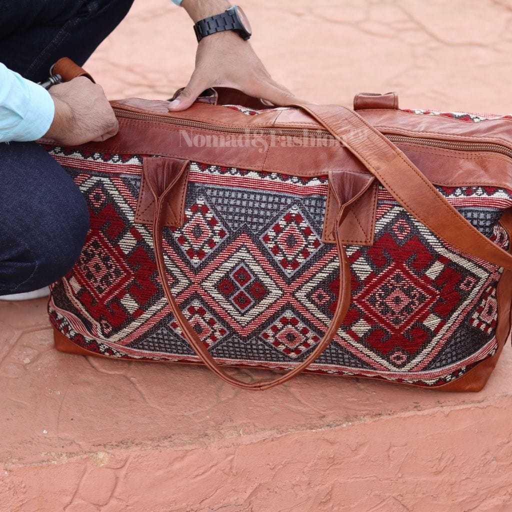 Travel Duffle Bag Carry On Tote Weekender Overnight Bag with Leather Shoulder Strap and unique Kilim design - Brooklyn Leather goods