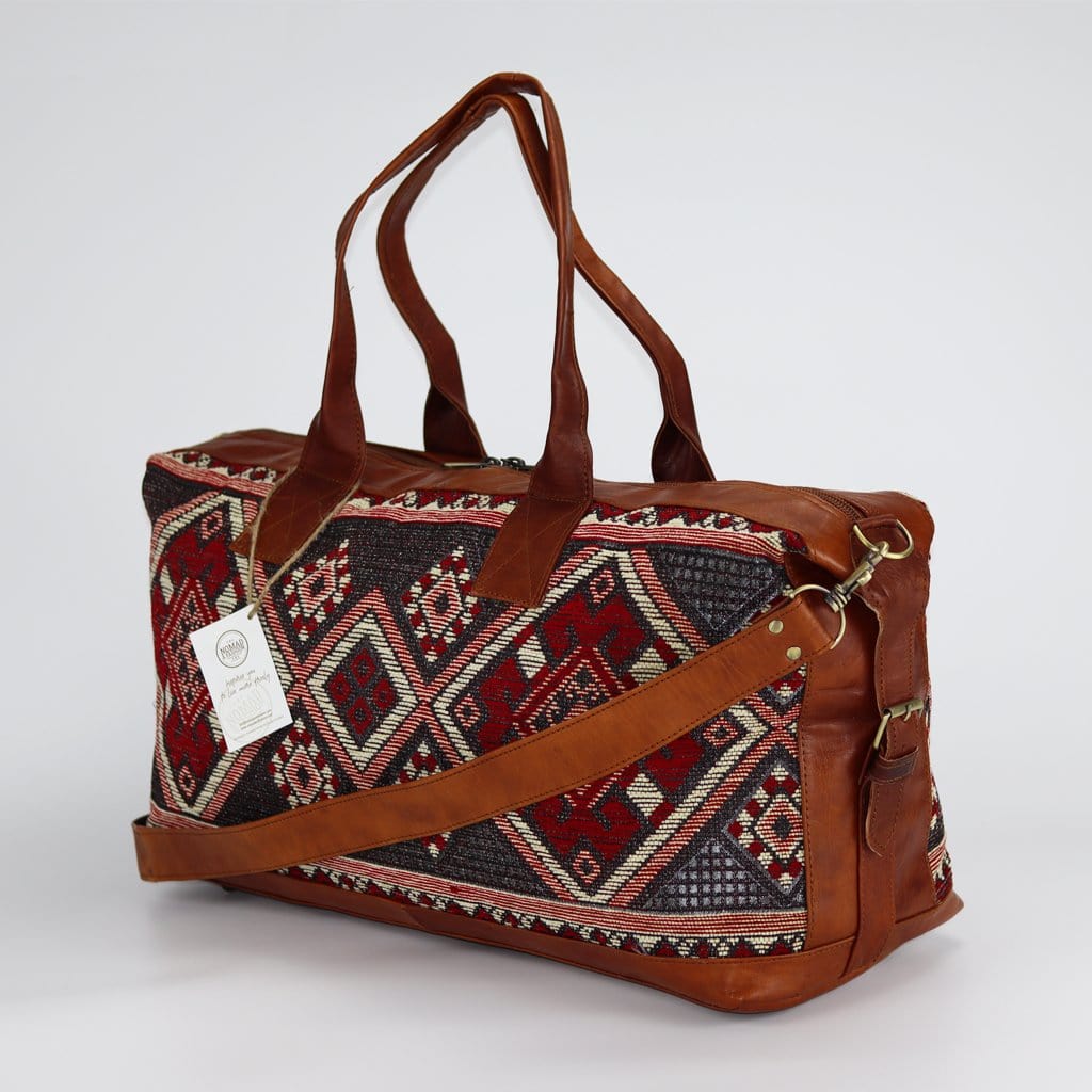 Travel Duffle Bag Carry On Tote Weekender Overnight Bag with Leather Shoulder Strap and unique Kilim design - Brooklyn Leather goods