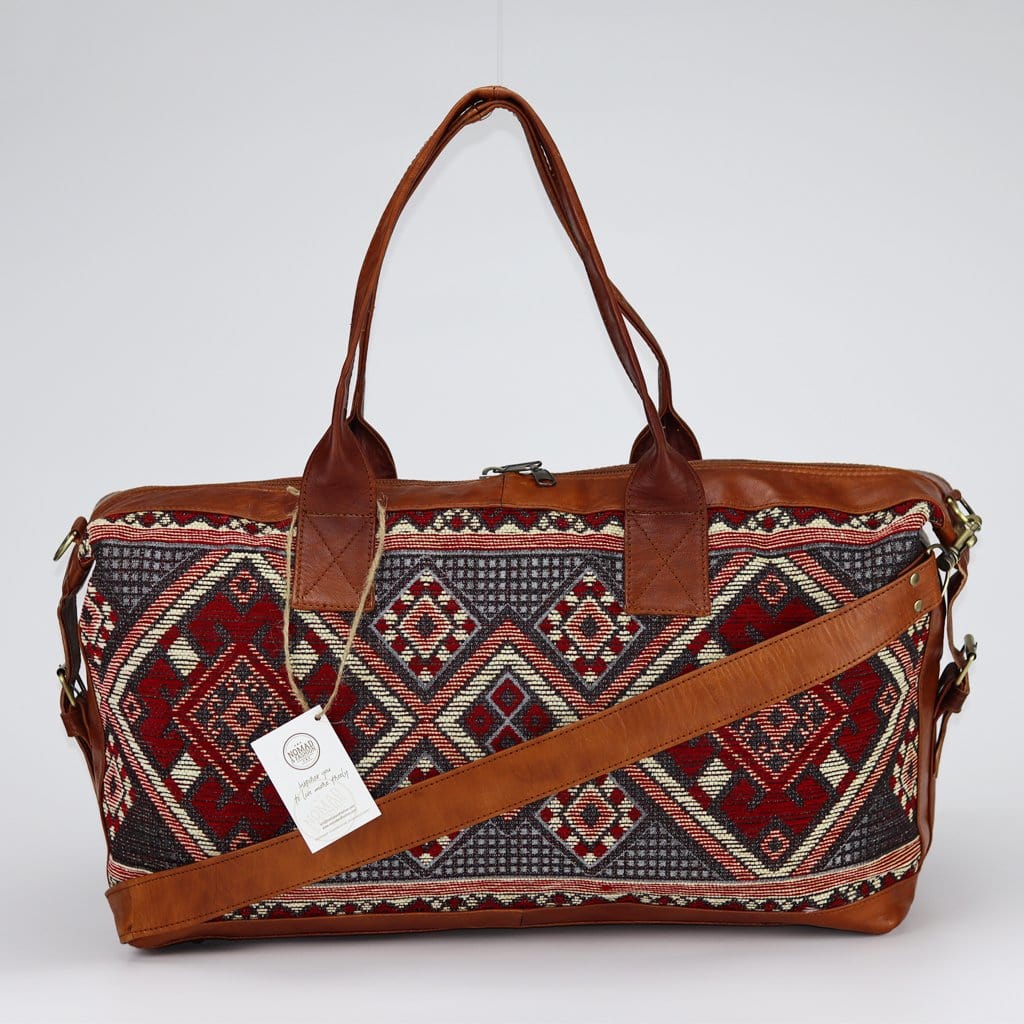 Travel Duffle Bag Carry On Tote Weekender Overnight Bag with Leather Shoulder Strap and unique Kilim design - Brooklyn Leather goods