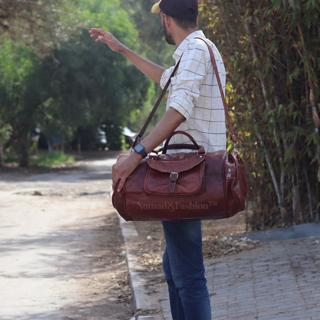 Duffle Bag Carry On Travel Weekender Overnight Bag with Leather Shoulder Strap - Brooklyn Leather goods