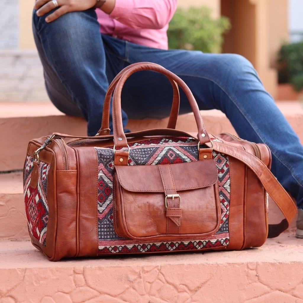 Genuine kilim Leather Duffle Kilim Bag Round Carry On Travel Weekender Overnight Bag - Brooklyn Leather goods