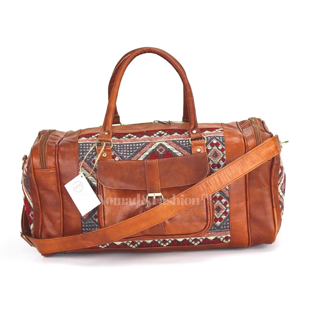 Genuine kilim Leather Duffle Kilim Bag Round Carry On Travel Weekender Overnight Bag - Brooklyn Leather goods