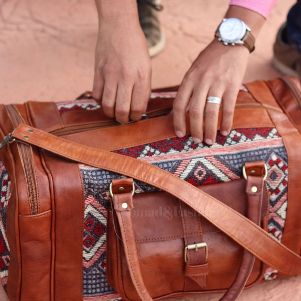 Genuine kilim Leather Duffle Kilim Bag Round Carry On Travel Weekender Overnight Bag - Brooklyn Leather goods