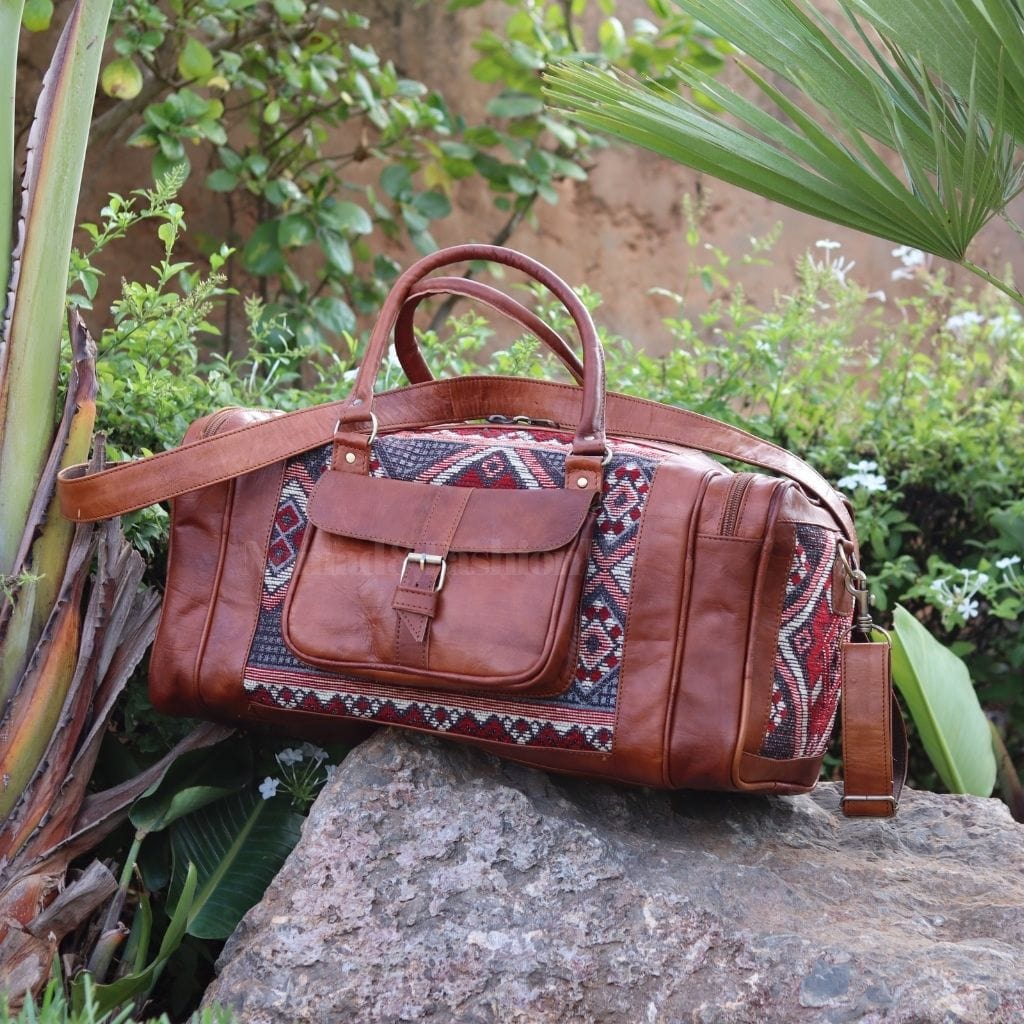 Genuine kilim Leather Duffle Kilim Bag Round Carry On Travel Weekender Overnight Bag - Brooklyn Leather goods