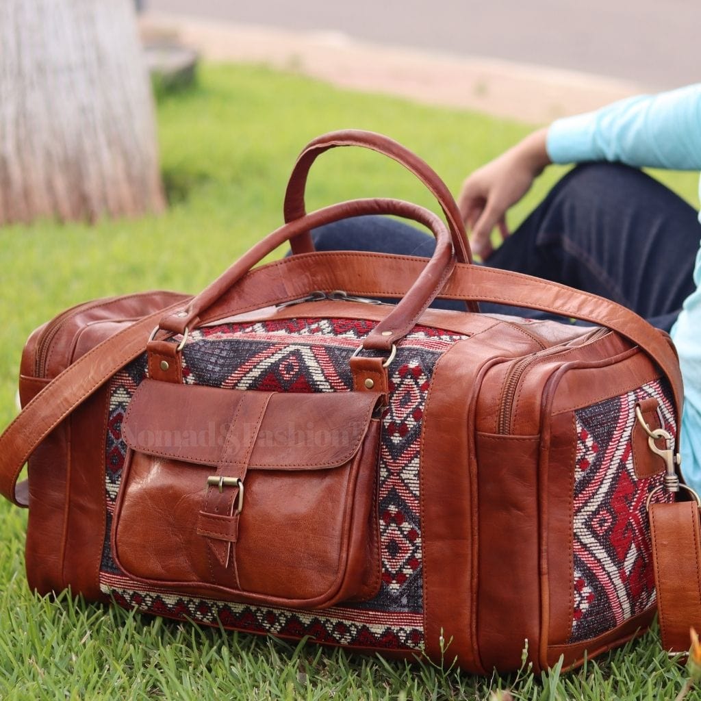 Genuine kilim Leather Duffle Kilim Bag Round Carry On Travel Weekender Overnight Bag - Brooklyn Leather goods