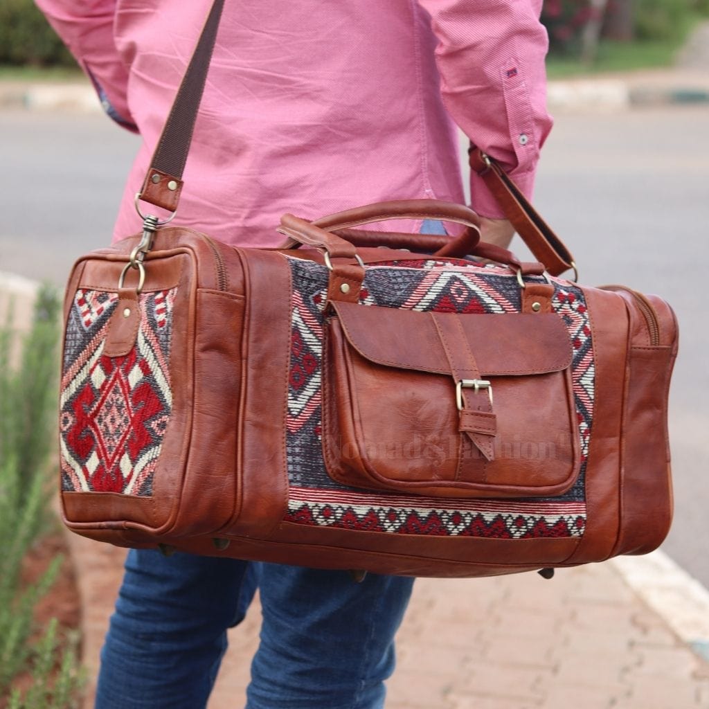 Genuine kilim Leather Duffle Kilim Bag Round Carry On Travel Weekender Overnight Bag - Brooklyn Leather goods