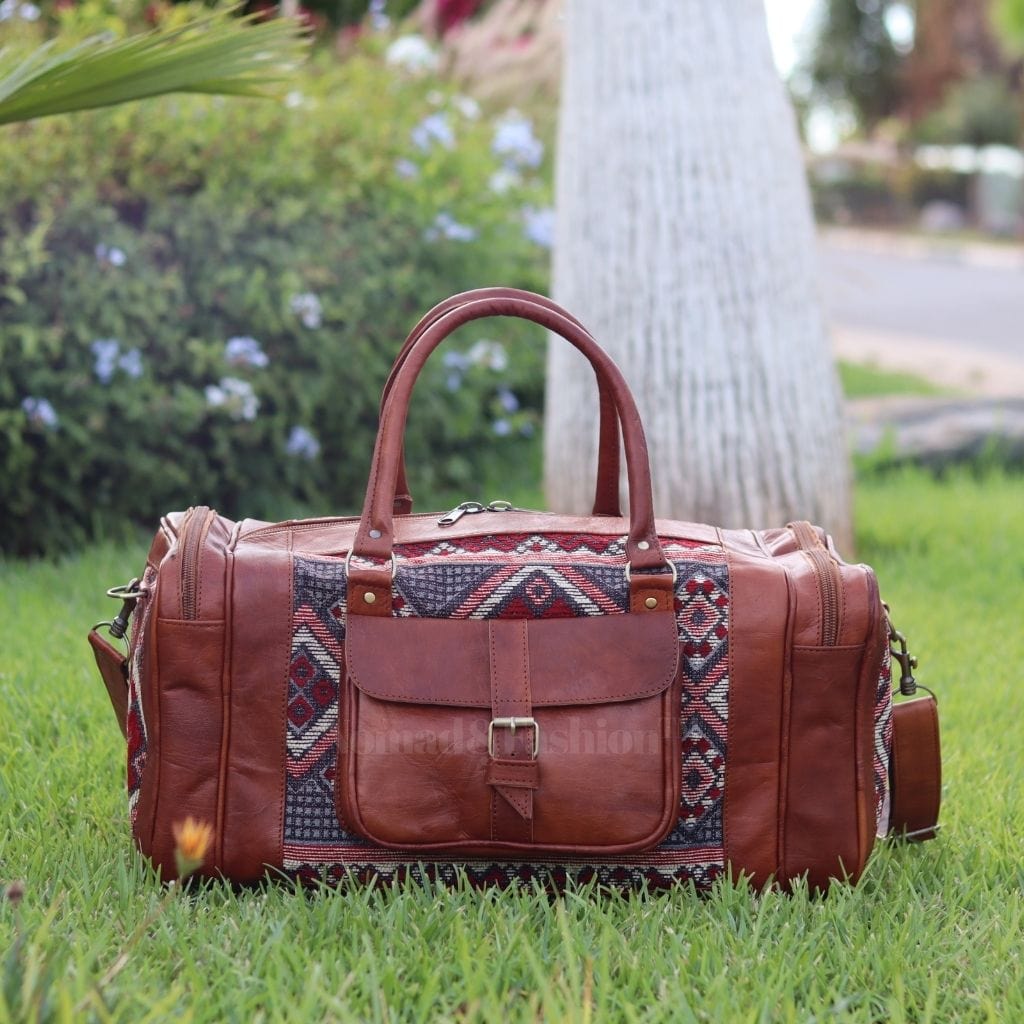 Genuine kilim Leather Duffle Kilim Bag Round Carry On Travel Weekender Overnight Bag - Brooklyn Leather goods