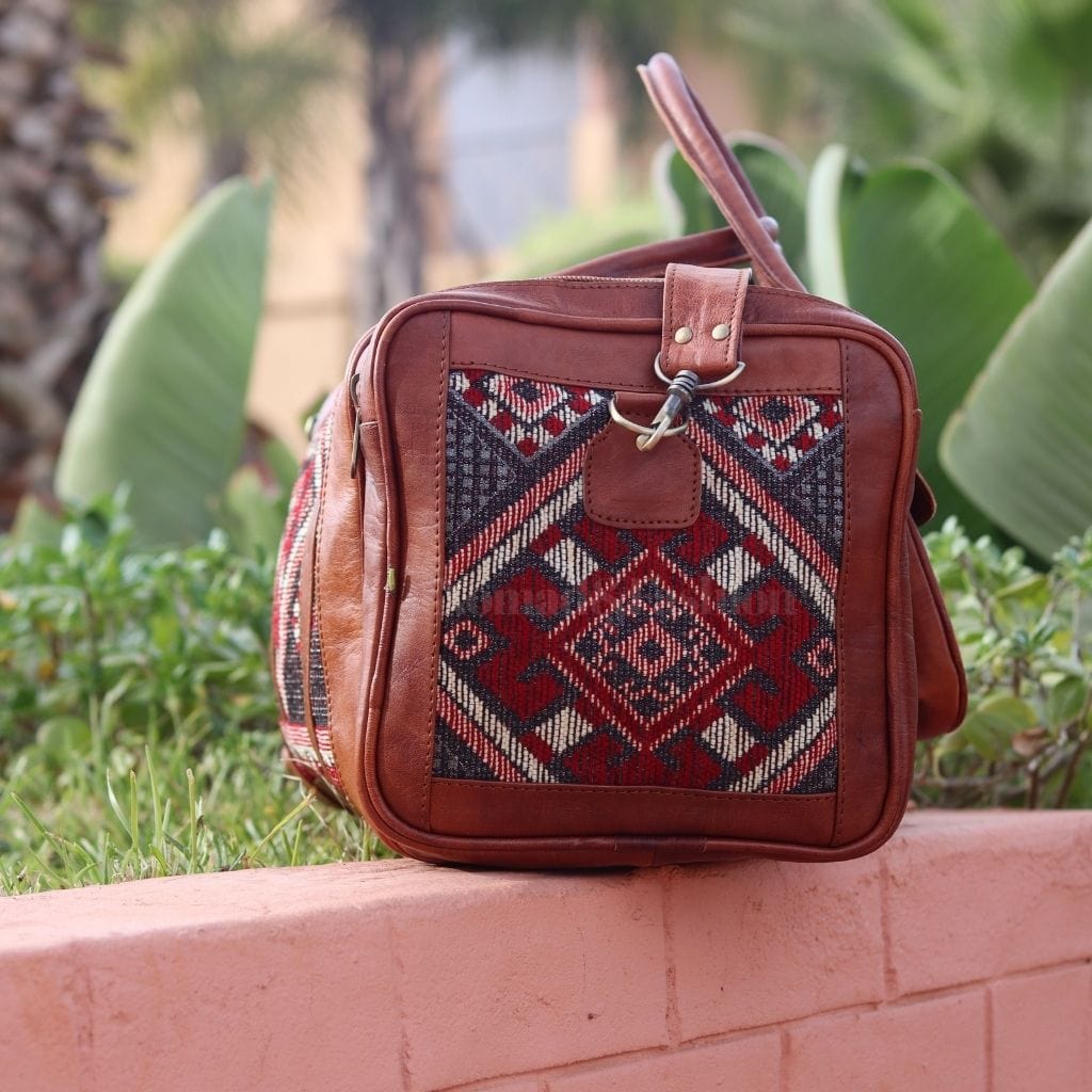 Genuine kilim Leather Duffle Kilim Bag Round Carry On Travel Weekender Overnight Bag - Brooklyn Leather goods