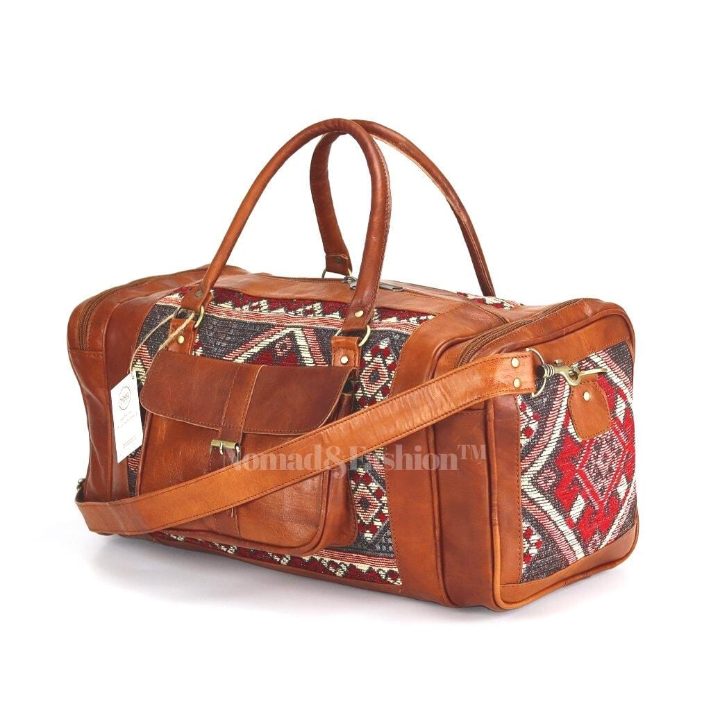 Genuine kilim Leather Duffle Kilim Bag Round Carry On Travel Weekender Overnight Bag - Brooklyn Leather goods