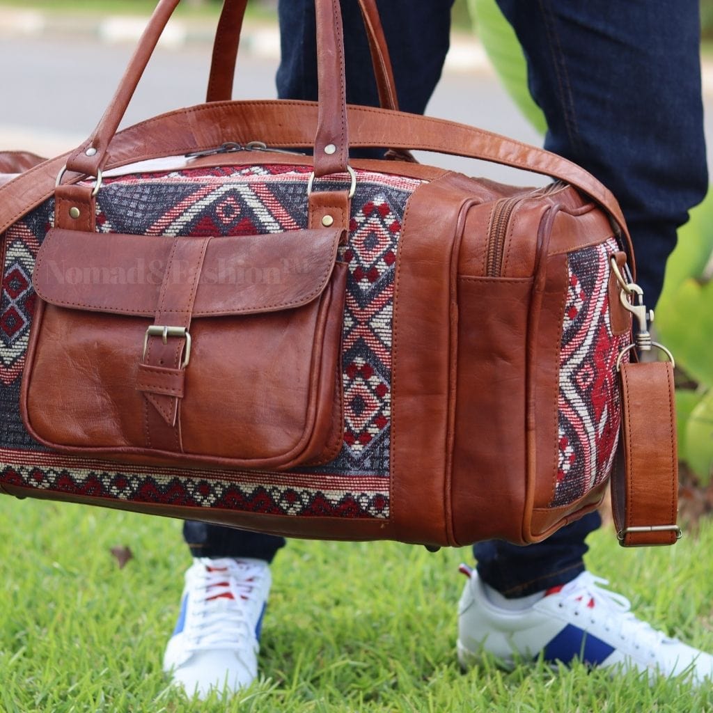 Genuine kilim Leather Duffle Kilim Bag Round Carry On Travel Weekender Overnight Bag - Brooklyn Leather goods
