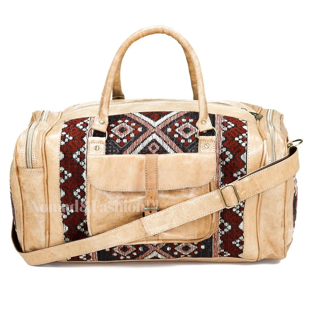 Genuine kilim Leather Duffle Kilim Bag Round Carry On Travel Weekender Overnight Bag Natural - Brooklyn Leather goods