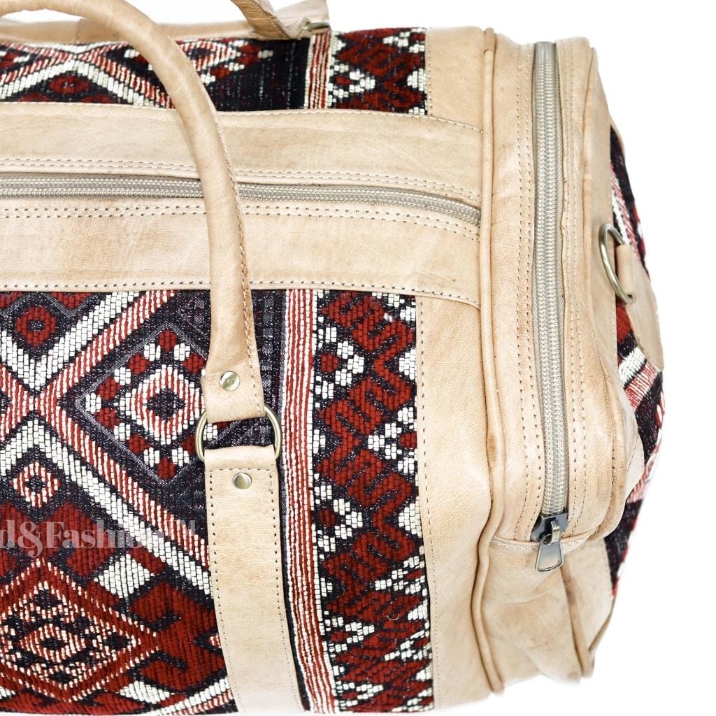 Genuine kilim Leather Duffle Kilim Bag Round Carry On Travel Weekender Overnight Bag Natural - Brooklyn Leather goods
