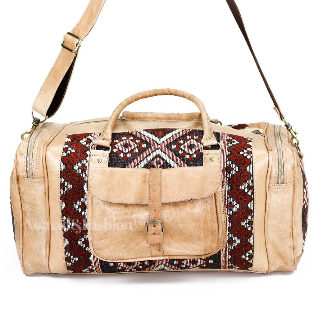 Genuine kilim Leather Duffle Kilim Bag Round Carry On Travel Weekender Overnight Bag Natural - Brooklyn Leather goods