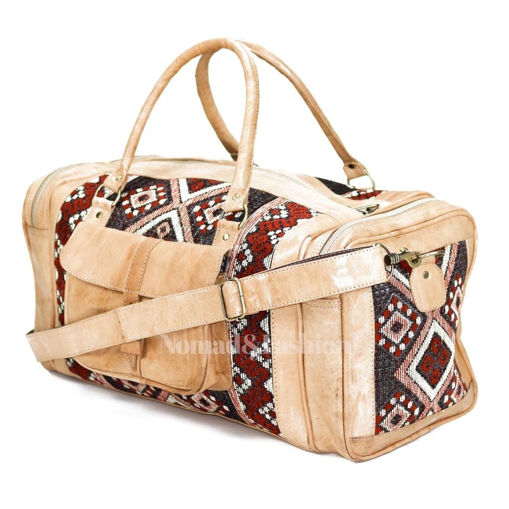 Genuine kilim Leather Duffle Kilim Bag Round Carry On Travel Weekender Overnight Bag Natural - Brooklyn Leather goods