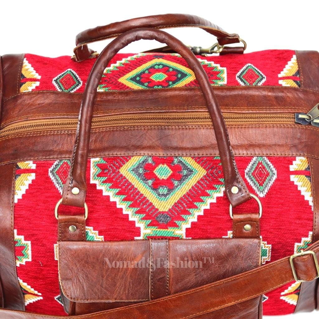 Genuine kilim Leather Duffle Red Kilim Bag Round Carry On Travel Weekender Overnight Bag Brown - Brooklyn Leather goods