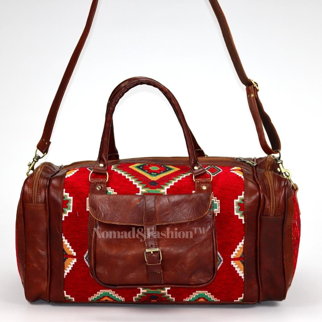 Genuine kilim Leather Duffle Red Kilim Bag Round Carry On Travel Weekender Overnight Bag Brown - Brooklyn Leather goods