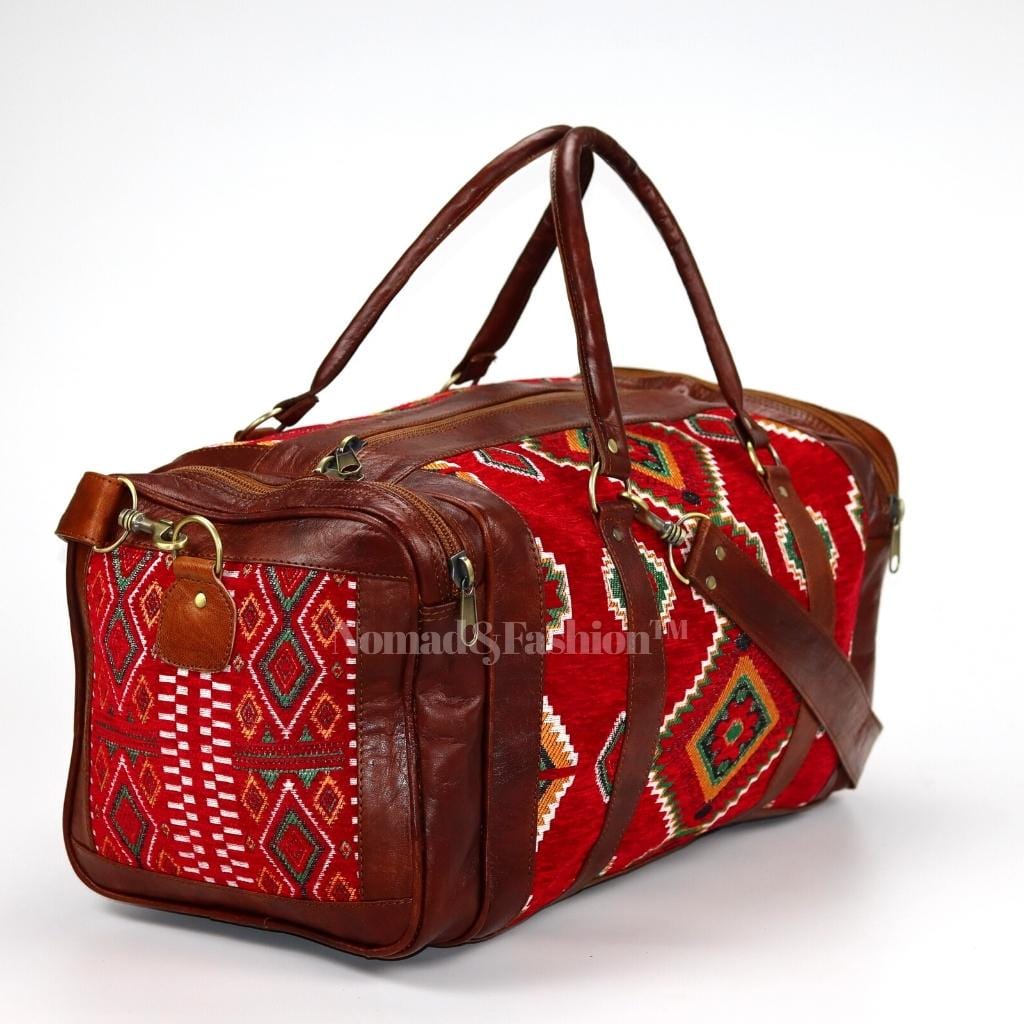 Genuine kilim Leather Duffle Red Kilim Bag Round Carry On Travel Weekender Overnight Bag Brown - Brooklyn Leather goods