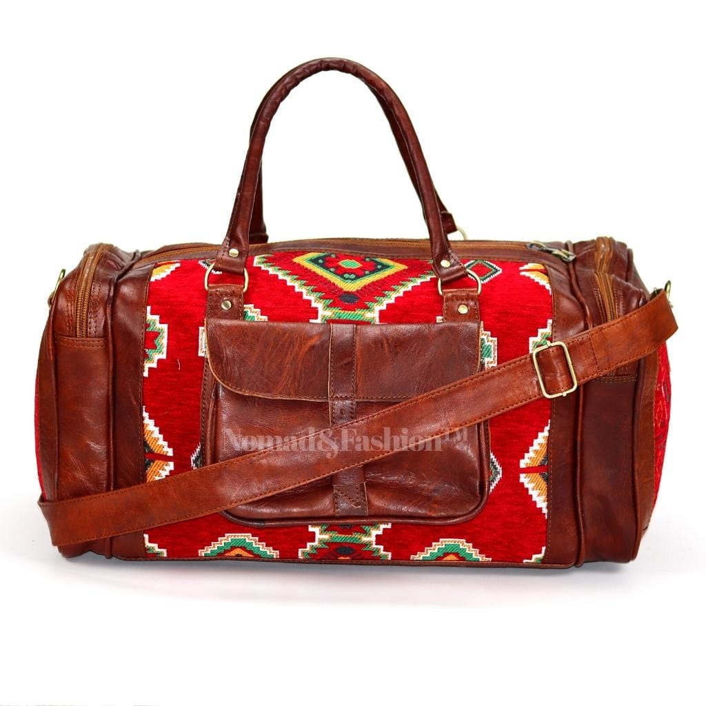 Genuine kilim Leather Duffle Red Kilim Bag Round Carry On Travel Weekender Overnight Bag Brown - Brooklyn Leather goods