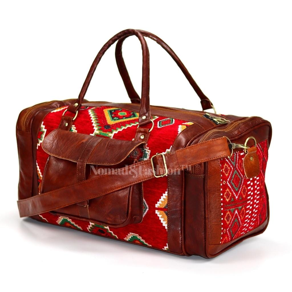 Genuine kilim Leather Duffle Red Kilim Bag Round Carry On Travel Weekender Overnight Bag Brown - Brooklyn Leather goods