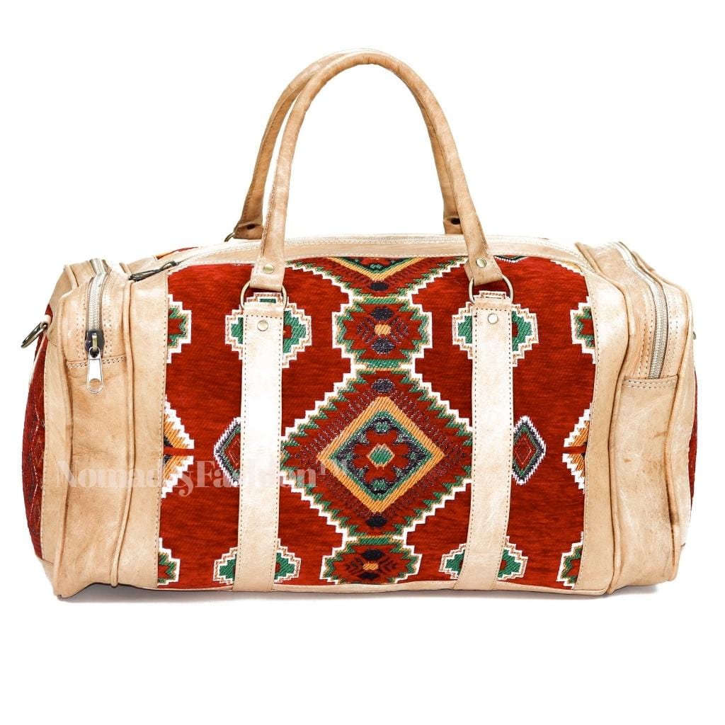 Genuine kilim Leather Duffle Red Kilim Bag Round Carry On Travel Weekender Overnight Bag Natural - Brooklyn Leather goods