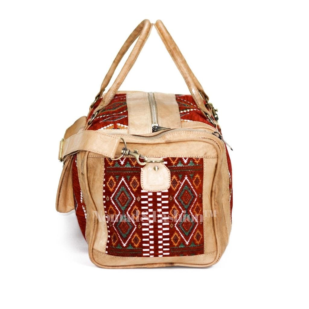 Genuine kilim Leather Duffle Red Kilim Bag Round Carry On Travel Weekender Overnight Bag Natural - Brooklyn Leather goods