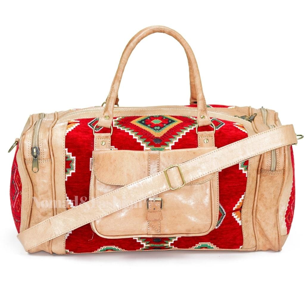 Genuine kilim Leather Duffle Red Kilim Bag Round Carry On Travel Weekender Overnight Bag Natural - Brooklyn Leather goods