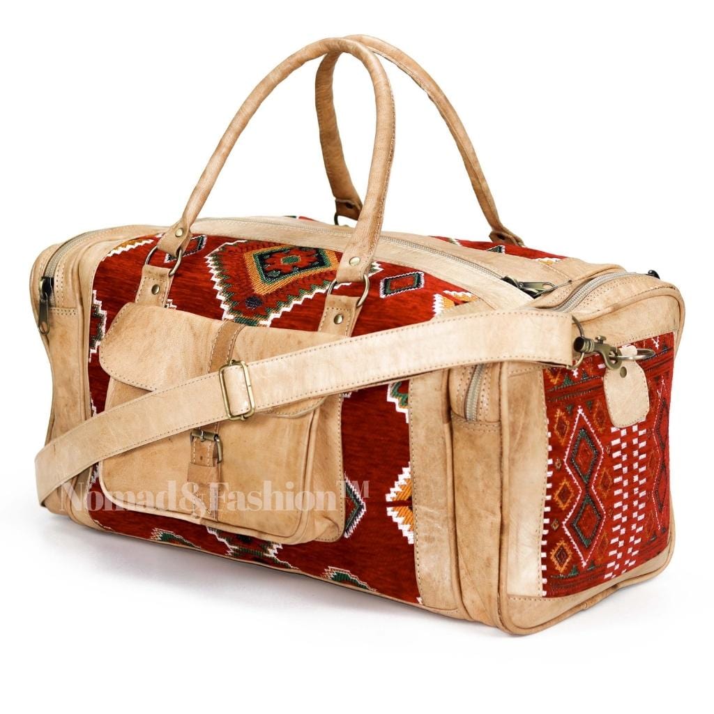 Genuine kilim Leather Duffle Red Kilim Bag Round Carry On Travel Weekender Overnight Bag Natural - Brooklyn Leather goods