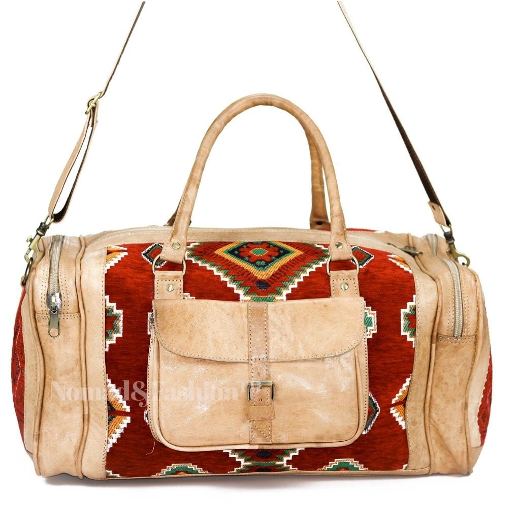 Genuine kilim Leather Duffle Red Kilim Bag Round Carry On Travel Weekender Overnight Bag Natural - Brooklyn Leather goods
