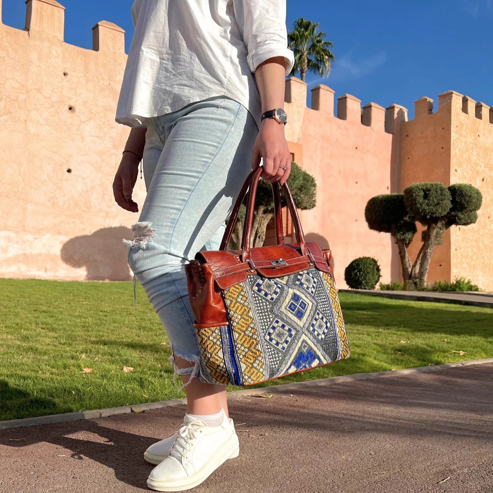 Kilim Shoulder Bag | Handwoven morrocan Wool kilim + Leather Trim | Brooklyn Leather Exclusive - Brooklyn Leather goods