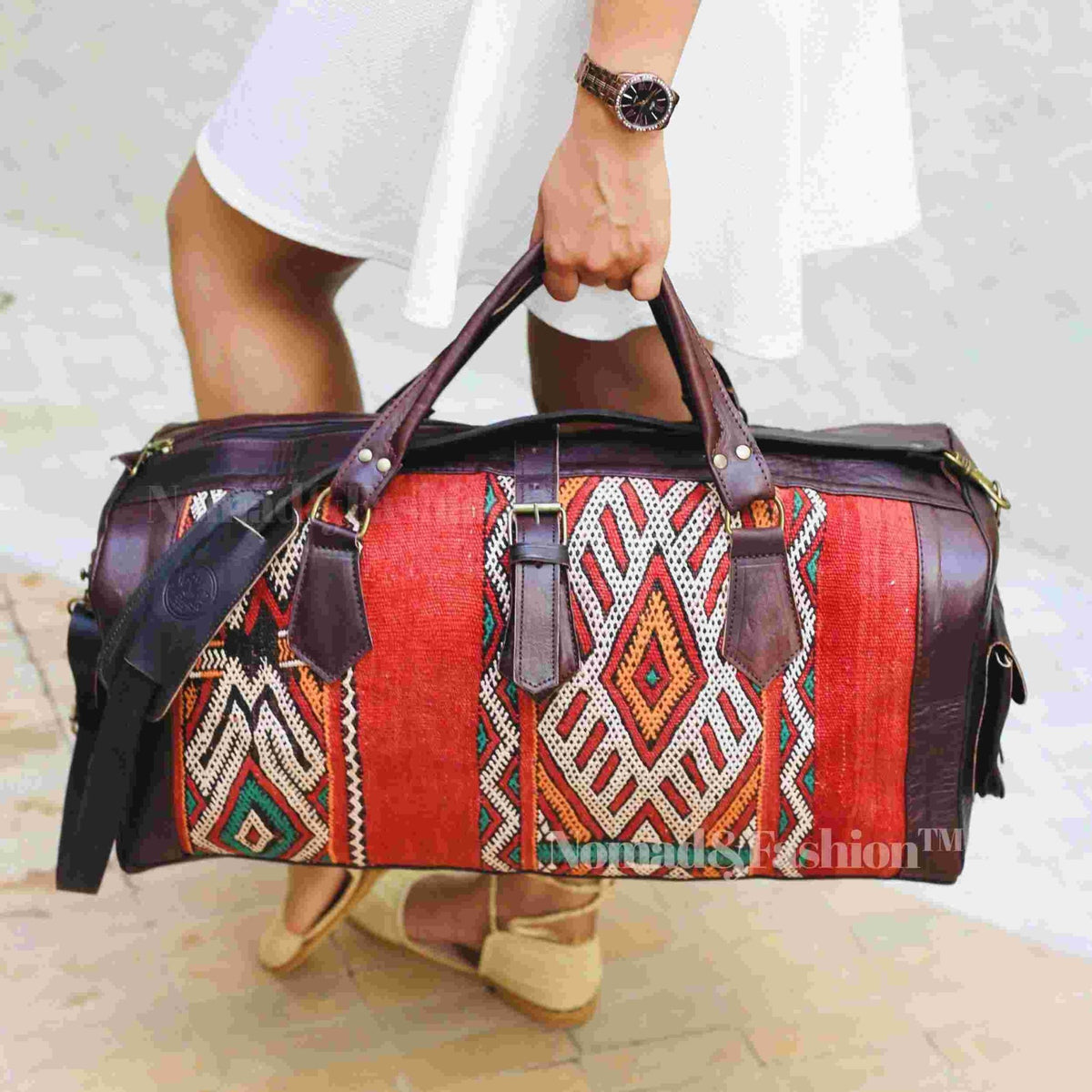 Marrakech Voyager Premium Leather Kilim Travel Bag - Brooklyn Leather goods