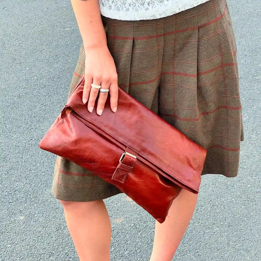 Oasis Handmade Oversized Leather Clutch – Soft Roll Top Purse Fits 12.9&quot; iPad