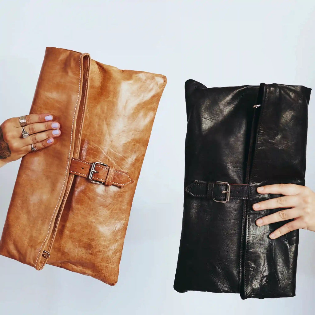 Oasis Handmade Oversized Leather Clutch – Soft Roll Top Purse Fits 12.9&quot; iPad