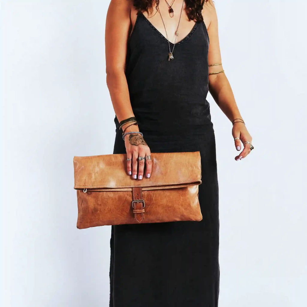 Oasis Handmade Oversized Leather Clutch – Soft Roll Top Purse Fits 12.9&quot; iPad