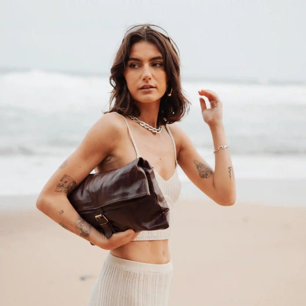 Oasis Handmade Oversized Leather Clutch – Soft Roll Top Purse Fits 12.9" iPad - Brooklyn Leather goods
