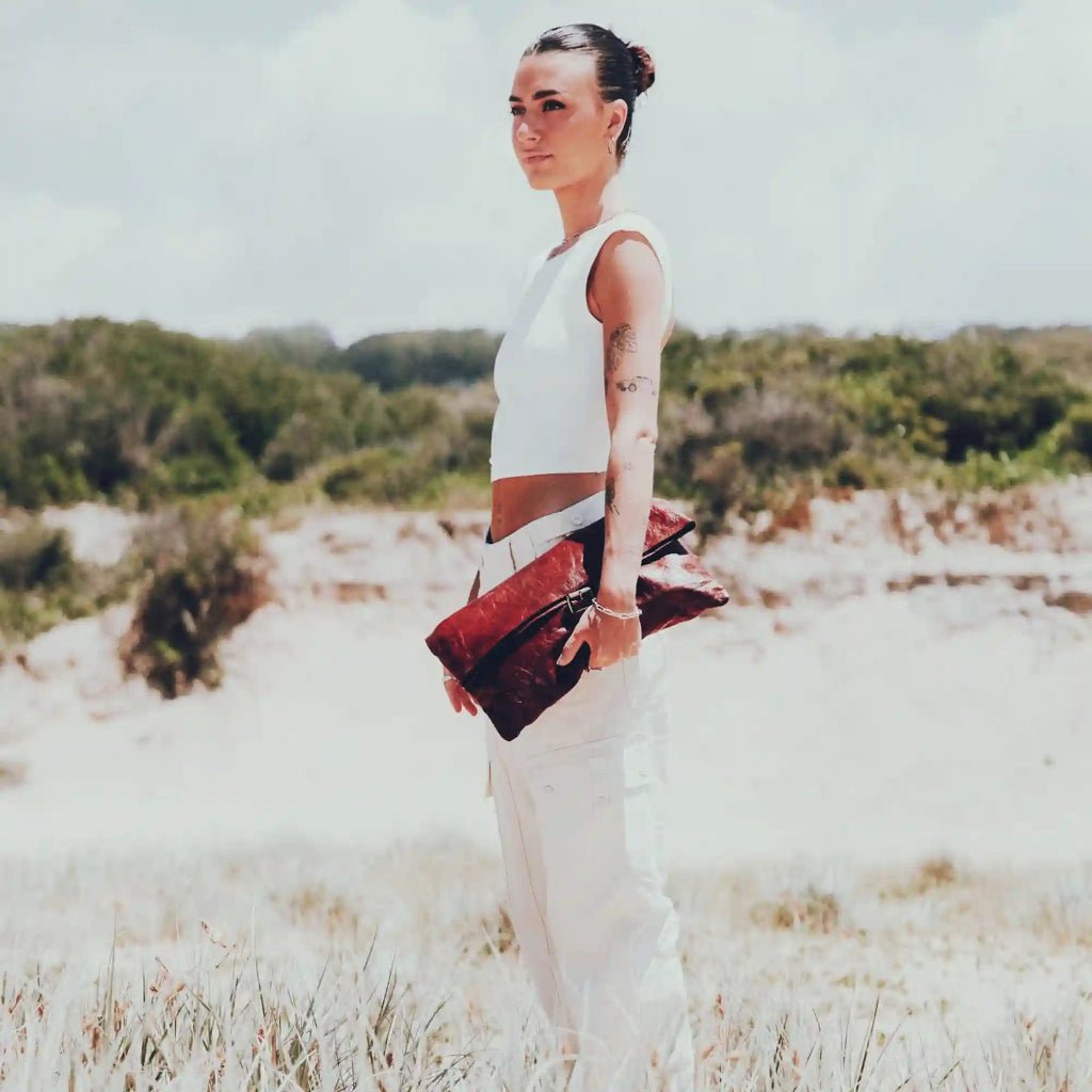 Oasis Handmade Oversized Leather Clutch – Soft Roll Top Purse Fits 12.9" iPad - Brooklyn Leather goods