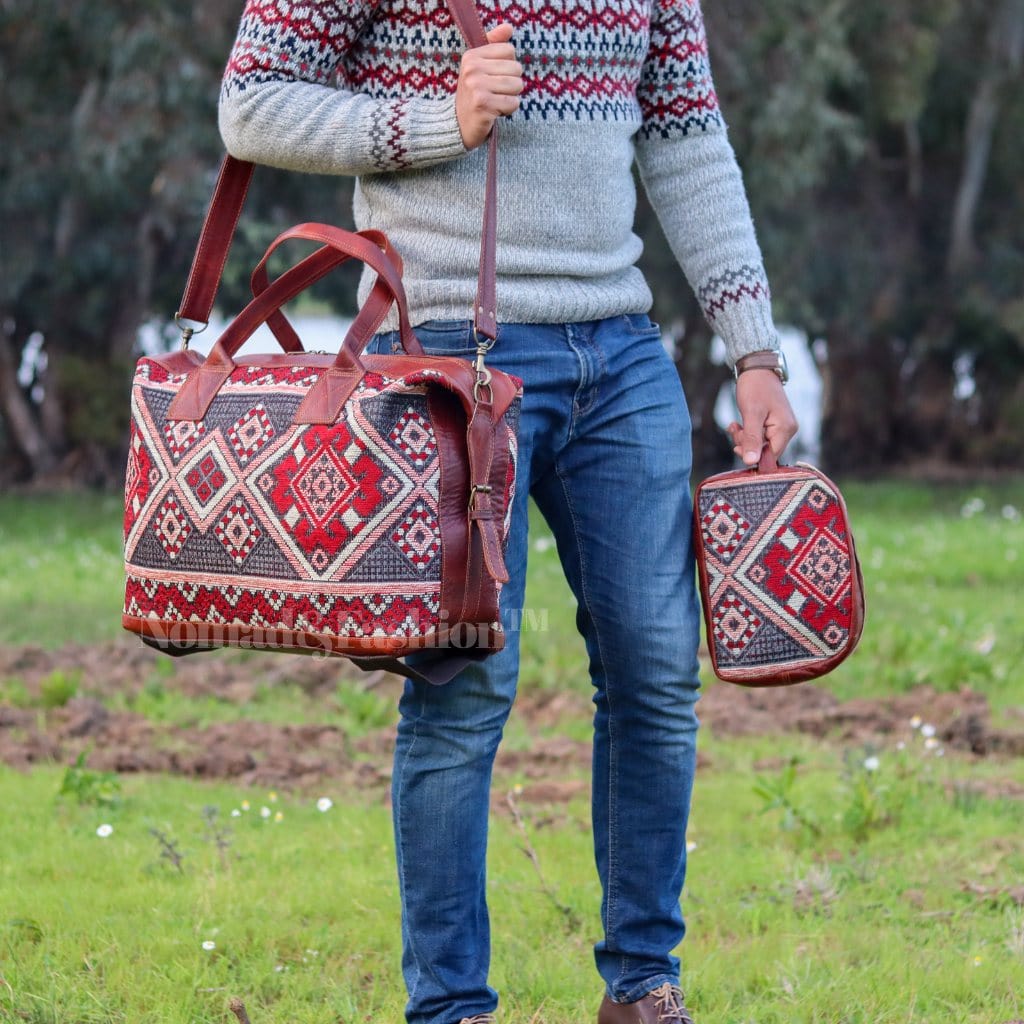 Travel bag Leather with kilim Shoulder Duffle Bag weekender - Brooklyn Leather goods