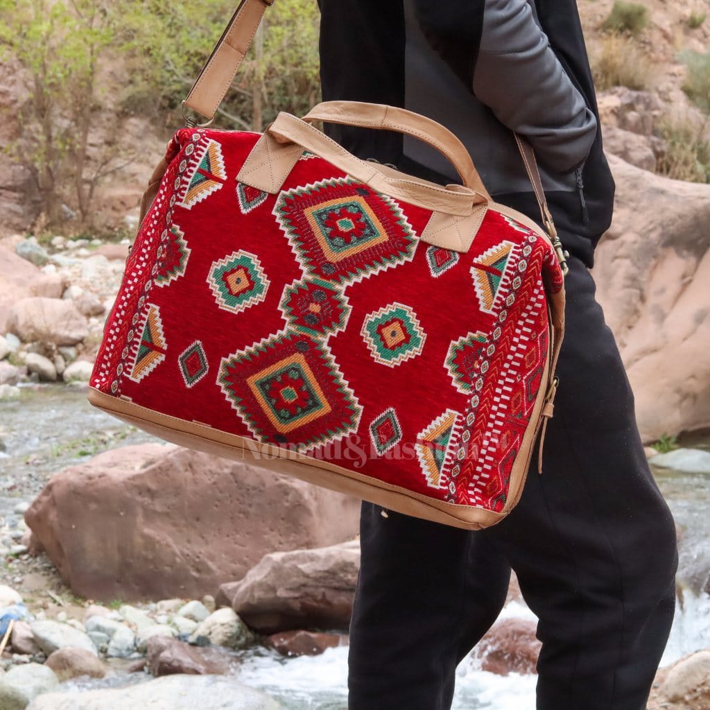 travel bag Leather with Red kilim Shoulder Duffle Bag weekender Natural - Brooklyn Leather goods