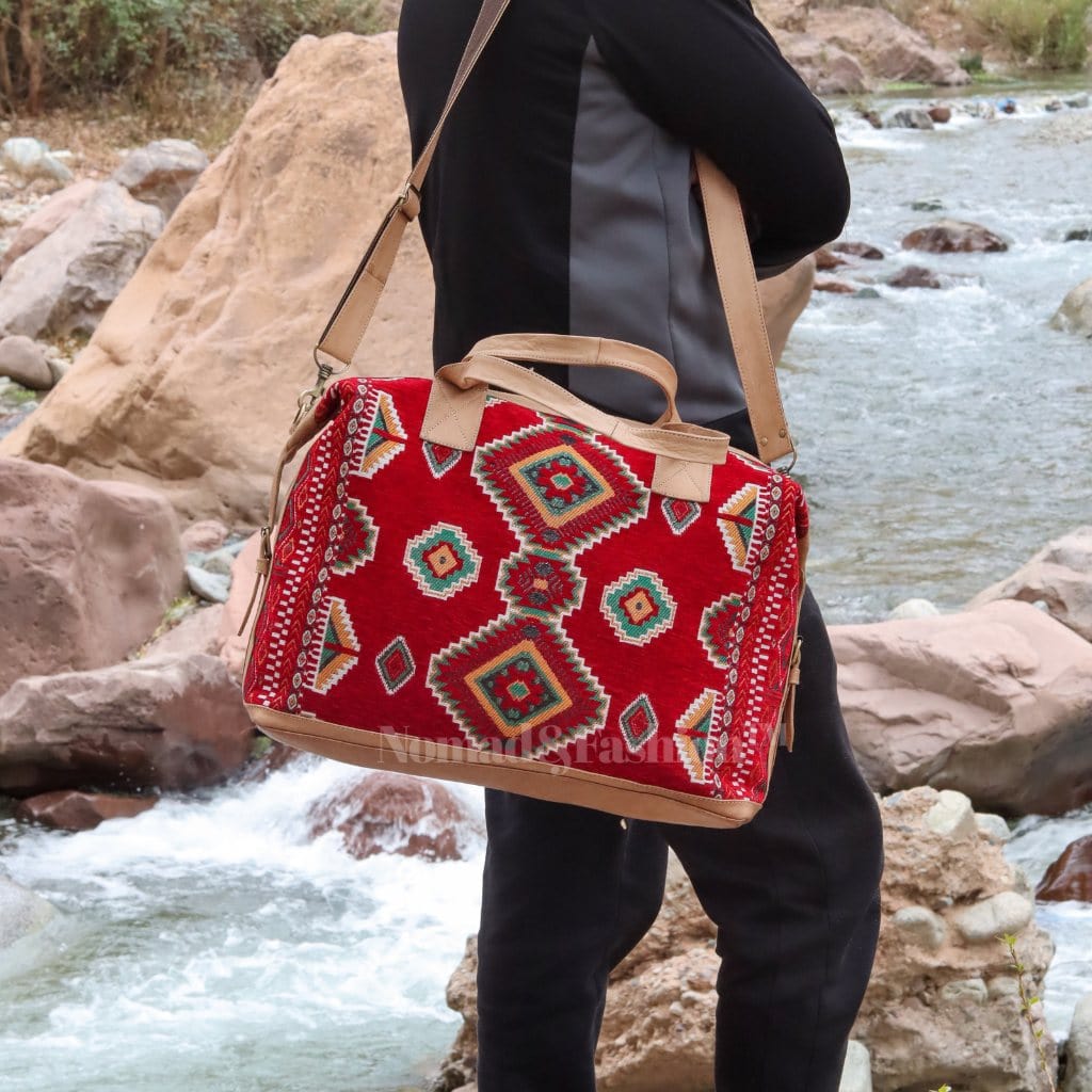 travel bag Leather with Red kilim Shoulder Duffle Bag weekender Natural - Brooklyn Leather goods