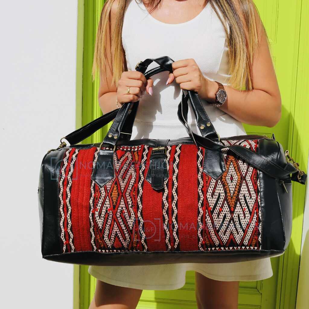 Travel Bag with kilim Black ,eco friendly Leather - Brooklyn Leather goods