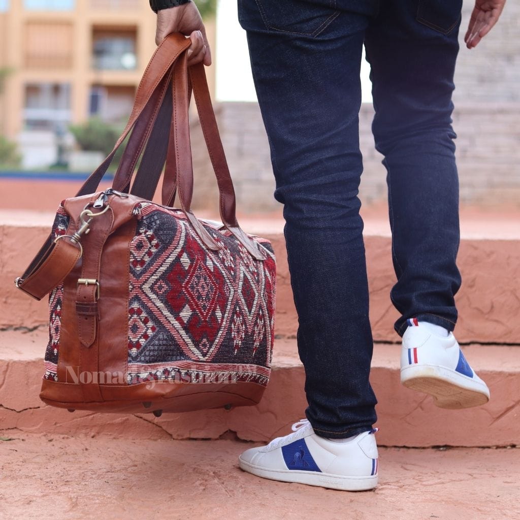 Travel Duffle Bag Carry On Tote Weekender Overnight Bag with Leather Shoulder Strap and unique Kilim design - Brooklyn Leather goods