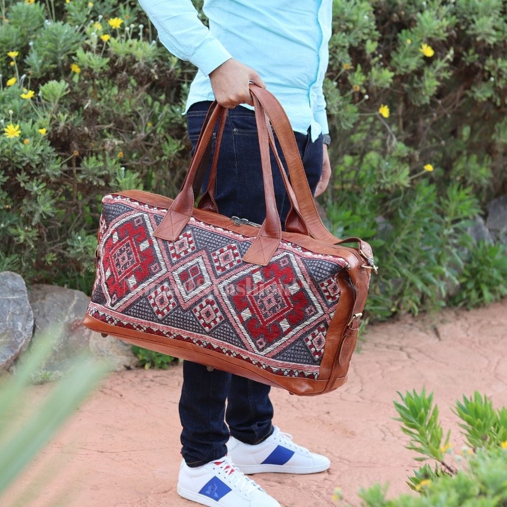Travel Duffle Bag Carry On Tote Weekender Overnight Bag with Leather Shoulder Strap and unique Kilim design - Brooklyn Leather goods