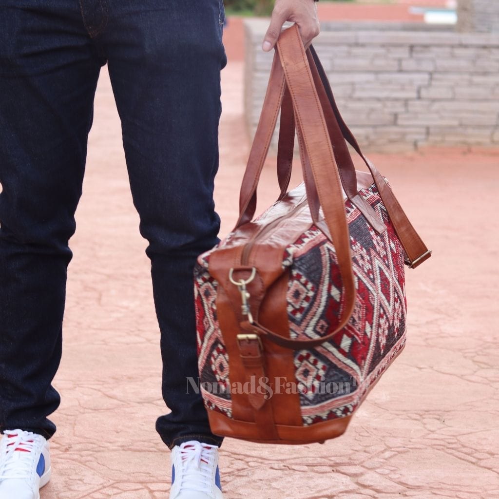 Travel Duffle Bag Carry On Tote Weekender Overnight Bag with Leather Shoulder Strap and unique Kilim design - Brooklyn Leather goods