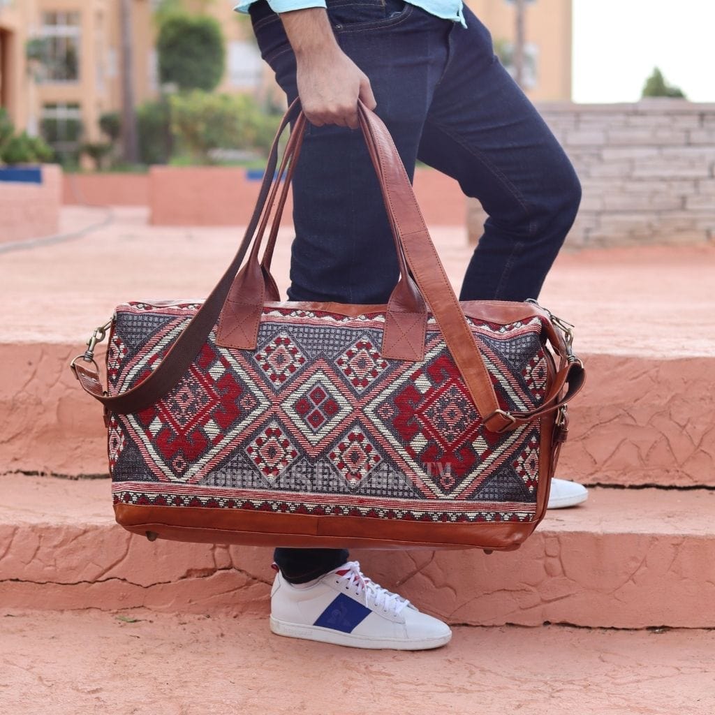 Travel Duffle Bag Carry On Tote Weekender Overnight Bag with Leather Shoulder Strap and unique Kilim design - Brooklyn Leather goods