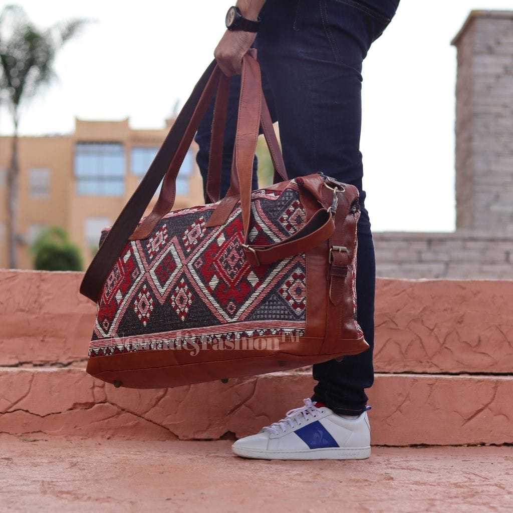 Travel Duffle Bag Carry On Tote Weekender Overnight Bag with Leather Shoulder Strap and unique Kilim design - Brooklyn Leather goods