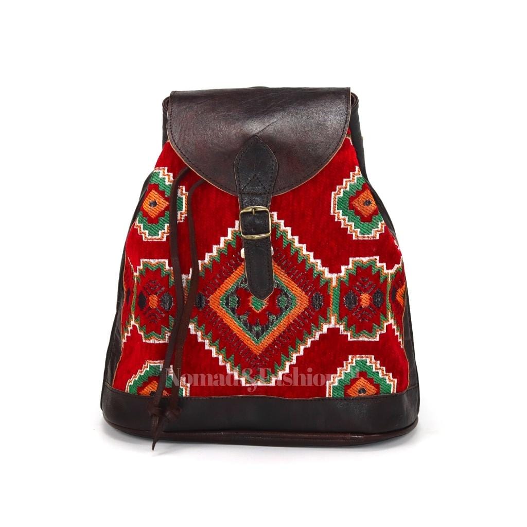 Vintage Backpack Moroccan Handmade leather with Red kilim Rustic Boho style - Brooklyn Leather goods